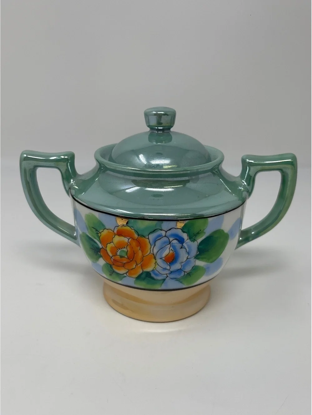 Vintage Lusterware Covered Sugar Bowl Hand Painted Floral Green Maple Ware Japan